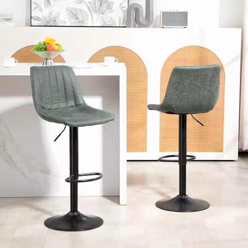 HOMCOM Set of 2 Adjustable Swivel Bar Stools in Green with Synthetic Leather and Metal Frame – 2