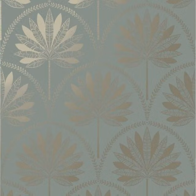 Holden Decor Tropical Palm Tree Leaves Feature Wallpaper in Dusky Blue, Metallic Gold, Teal and Grey