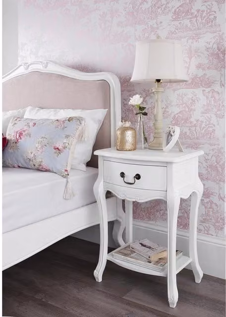 Statement Furniture Juliette French Bedside Table with Drawer in White Pine Wood, W/D/H: 36.0 x 48.0 x 70.0 cm