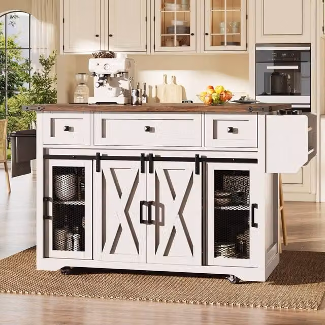 Merax Mobile Kitchen Island Trolley with Drop Leaf Worktop and Storage, White, H 91.5 x W 120.2 x D 45.0 cm – 1