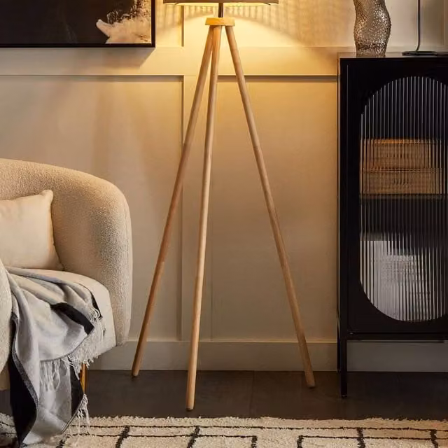 Wyld and Coco Rustic Rattan and Wood Tripod Drum Floor Lamp, Beige, Height: 151 cm