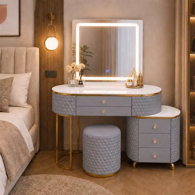 MN Furniture Modern Luxury Grey Dressing Table with LED Mirror, Stool and Cabinet, Width: 130 cm – 1