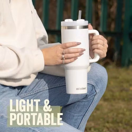 Milestone Camping 40oz Milestone Travel Mug Tumbler with Straw, Handle and Lid in White – 6