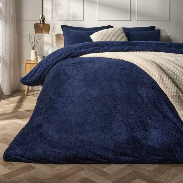 Brentfords Plain Blue Teddy Fleece Duvet Cover and Pillowcase Set, W: 180 cm, L: 200 cm – 2