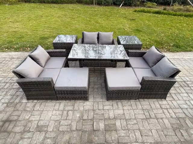 Fimous Dark Grey PE Rattan Garden Furniture Set with Oblong Dining Table, Double Sofa and 2 Footstools