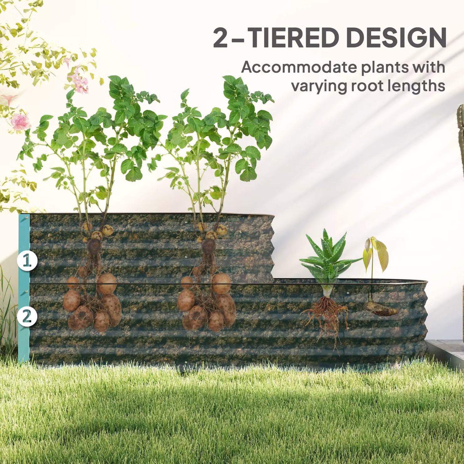Outsunny Two-Tier Galvanised Steel Garden Planter, Green, W/D/H: 150 x 60 x 57 cm – 4
