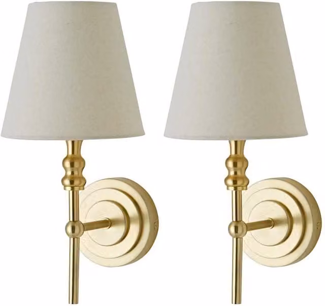 ValueLights Maggie Pair of Gold Wall Lights with Beige Fabric Cone Shades and Bulbs