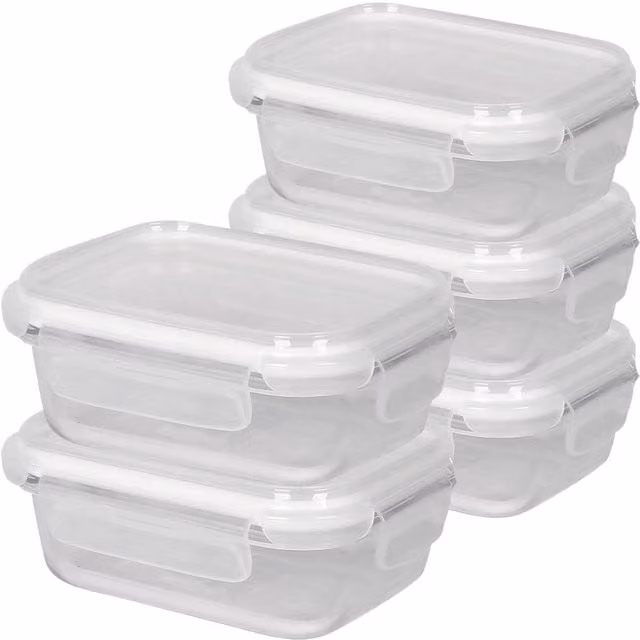 Harbour Housewares Set of 5 Leakproof Glass Food Storage Containers with Clip Lids, White and Transparent, 0.37 l each