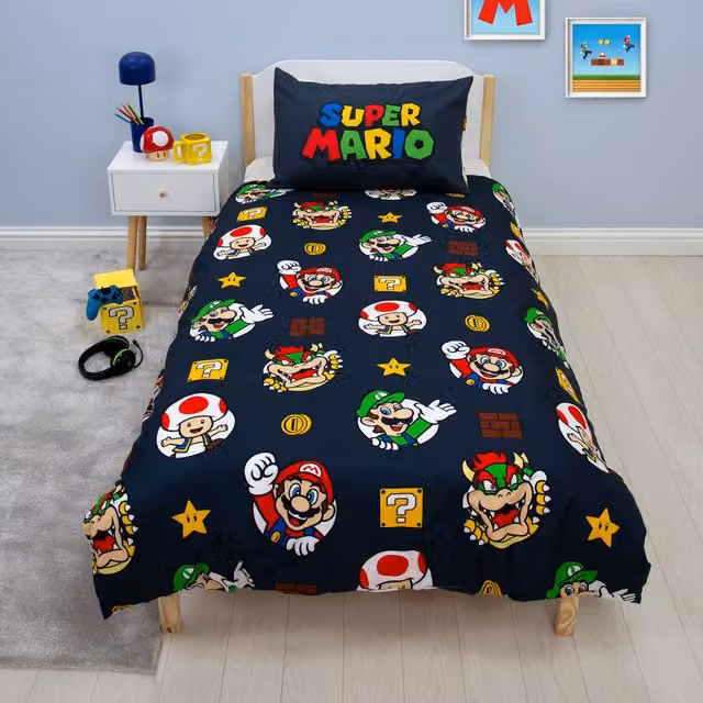 Character World Nintendo Super Mario Reversible Single Duvet Cover and Pillowcase Set, Black, Red and White, Duvet Cover: 135 x 200 cm, Pillowcase: 74 x 48 cm – 1