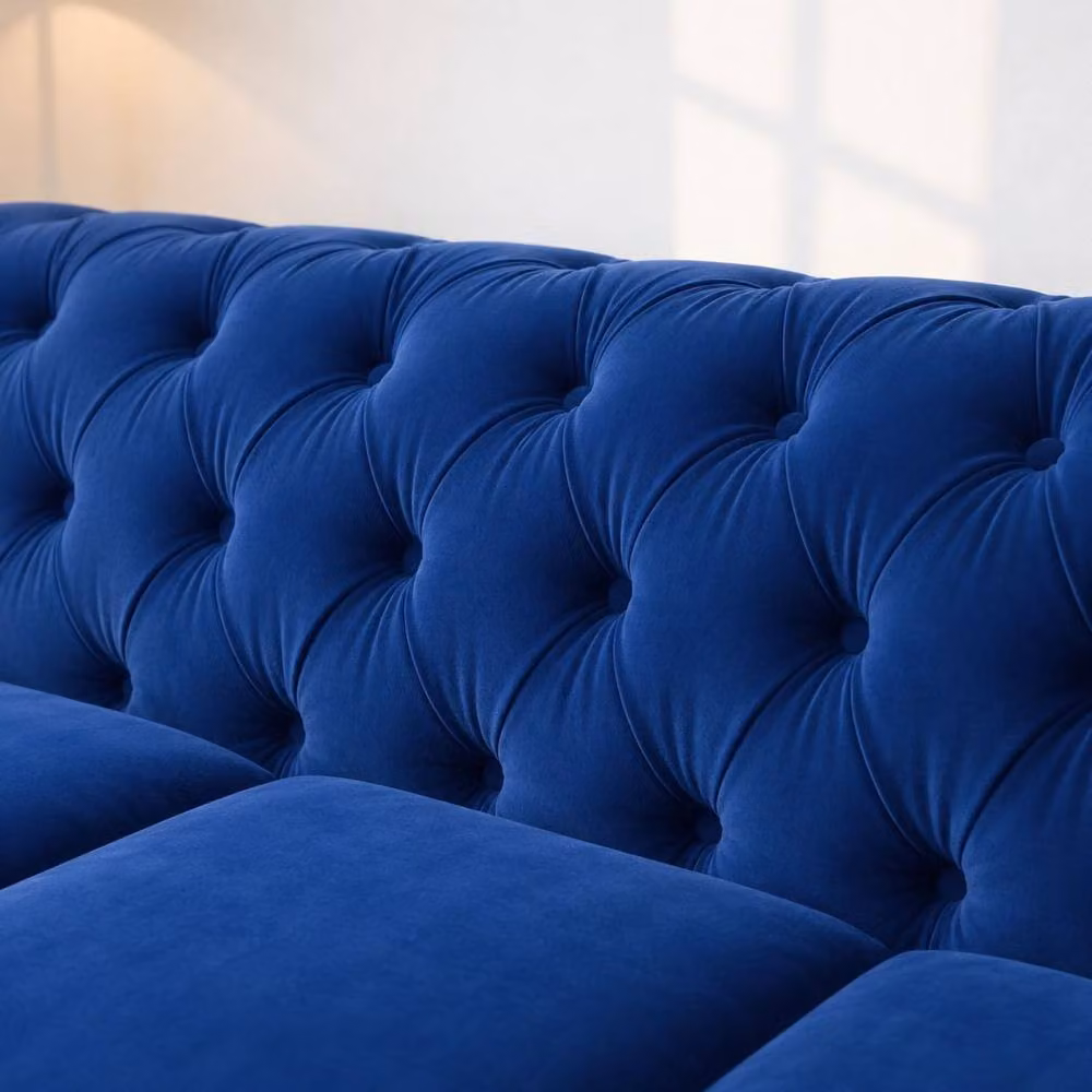 Sofaya Hampton 3 Seater L Shape Chesterfield Sofa in Blue Velvet with Left Hand Chaise – 3