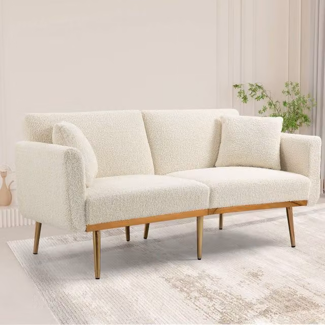 Direct Wicker Modern White Bouclé 2-Seater Sofa with Adjustable Backrest and Sleeping Function