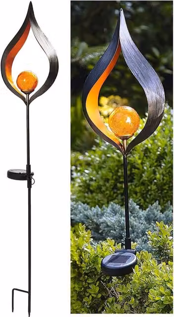 mysmartbuy Aura Flame Globe Stake Light, Solar Powered Metal LED Garden Sphere Light in Black or Gold/Brass, H 91 x W 16.8 x D 7.2 cm – 3