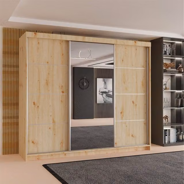 Sliding Wardrobes 4 u Artisan Modern Oak 3 Door Sliding Mirror Wardrobe with Internal Drawers and Shelves in White, Brown and Beige