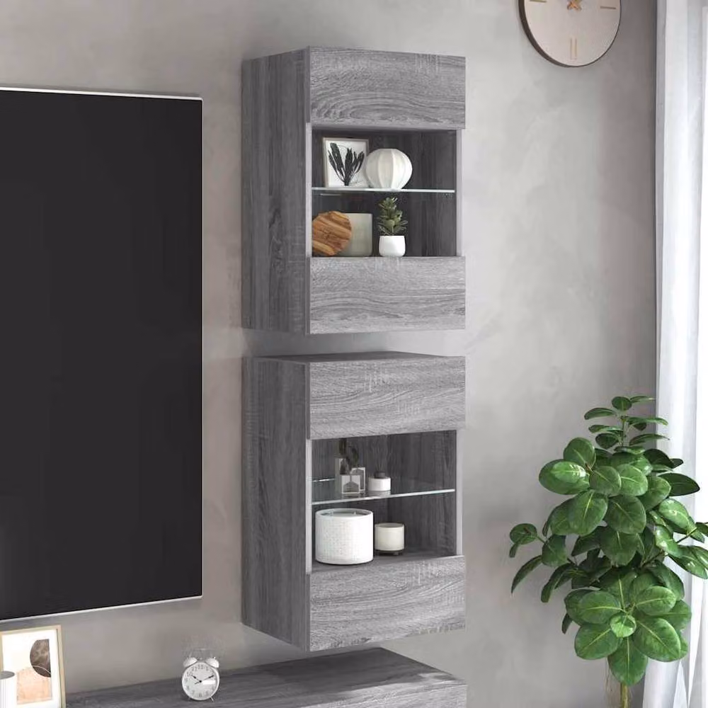 Berkfield Home Set of 2 Modern Wall Mounted TV Cabinets with Integrated LED Lighting and Glass Doors in Grey Sonoma, W: 40 cm, D: 30 cm, H: 60.5 cm – 2