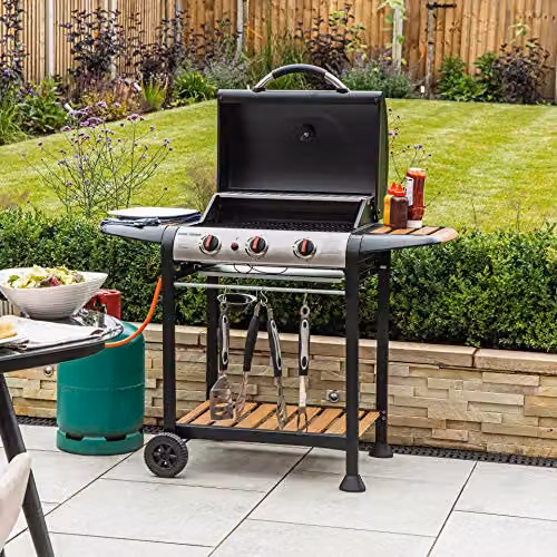 George Foreman 3 Burner Gas BBQ with Automatic Ignition, Integrated Thermometer and Wood Effect Shelves, Black – 3