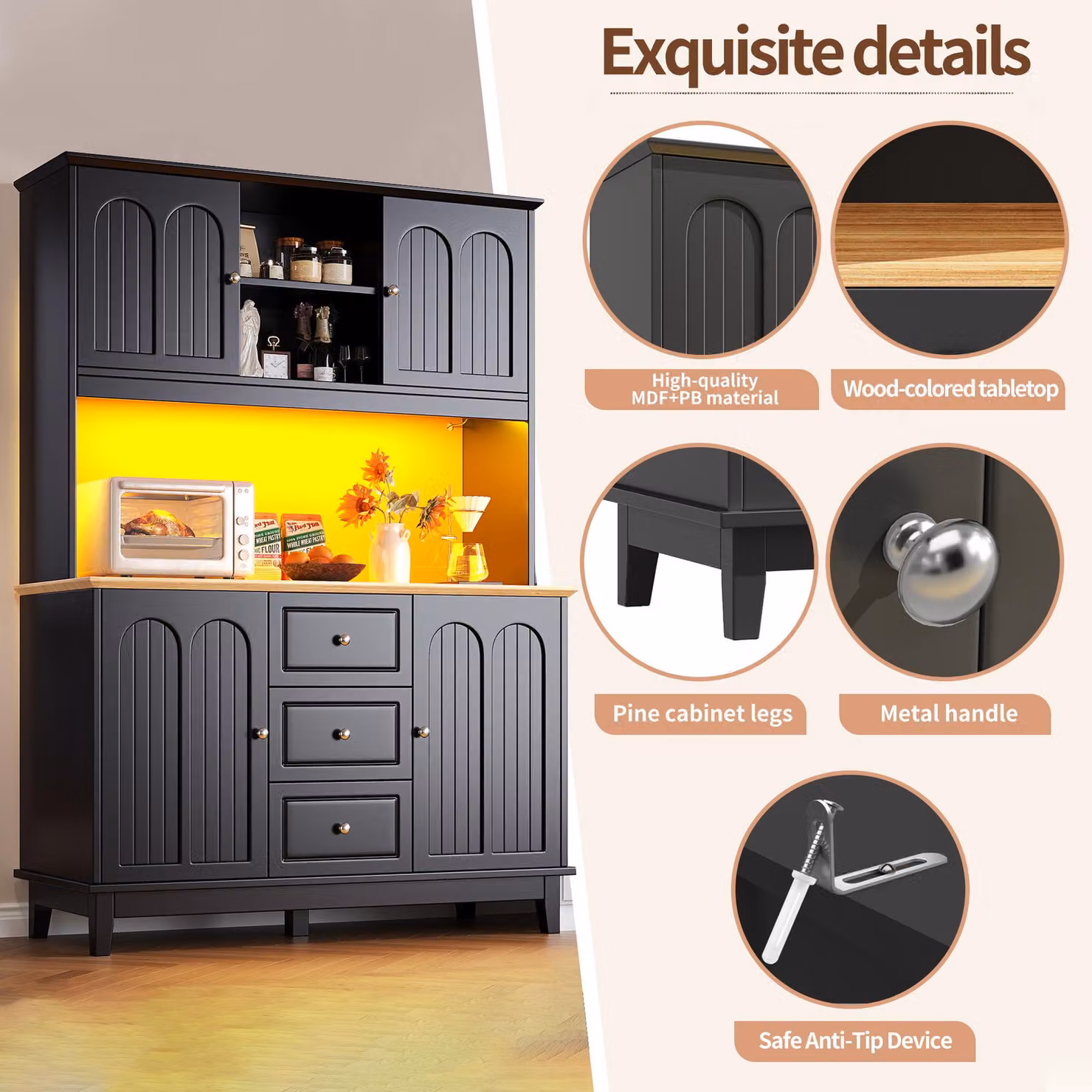 Aosom UK Tall Kitchen Sideboard Cabinet with App-Controlled LED Lighting and Open Display Shelf, Black, W: 120 cm, D: 40 cm, H: 180 cm – 4