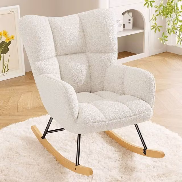 NESTLUNE White Bouclé Rocking Chair Armchair with High Backrest and Armrests, H 100 cm x W 15 cm