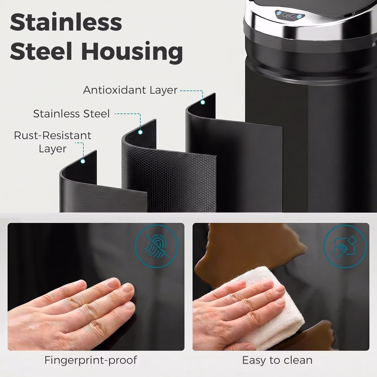 HOMCOM 42L Stainless Steel Sensor Trash Can with Bucket, Black – 6