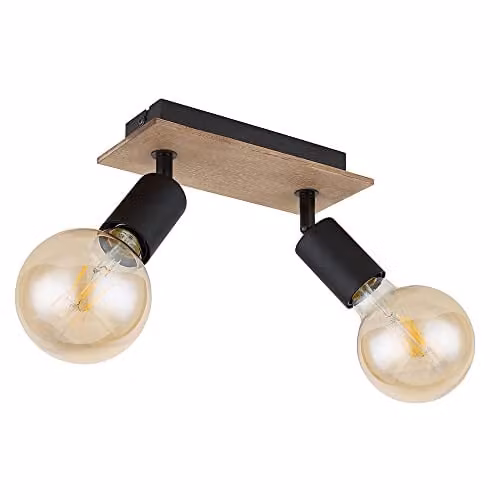 Globo Lighting Martha Twin Ceiling Spotlight in Black and Brown Wood Effect with 2x E27 Sockets, W/D/H: 21 x 9 x 11 cm