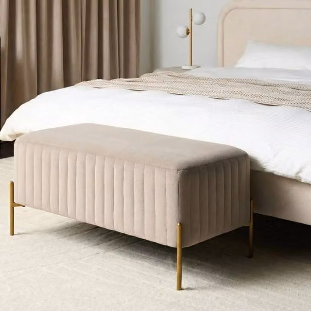 Wyld Haus Beige Velvet Bench with Gold Metal Legs W: 47 cm, D: 43 cm, H: 47 cm