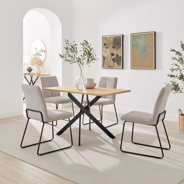 FurnitureboxUK Leonardo Oak Effect Dining Table and 4 Halle Taupe Fabric Chairs in Beige and Black