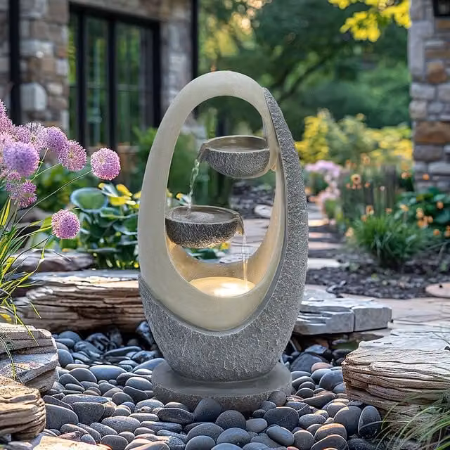 Charles Bentley 2 Tier Oval Cascading Water Feature with LED, Mains Powered, Grey and White, W/D/H: 59.5 x 30.0 x 23.5 cm – 1