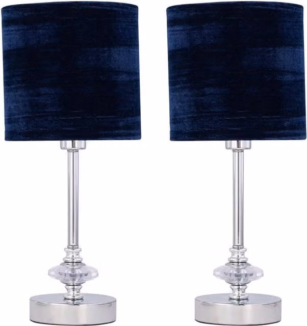 First Choice Lighting Set of 2 Chrome Jewelled Table Lamps with Navy Blue Velvet Shades – 1