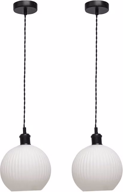 First Choice Lighting Betchley Set of 2 Retro Pendant Lights with White Ribbed Glass Spheres and Black Metal Accents
