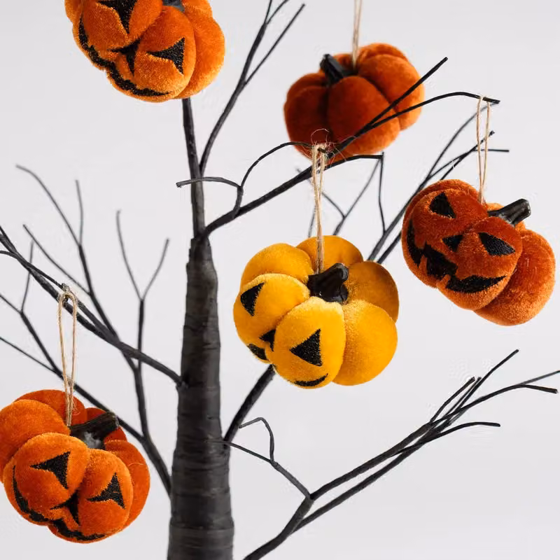 Scottish Everlastings Ltd 6pc Hanging Orange Velvet Pumpkins with Faces – 3