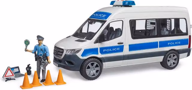 Bruder Mercedes MB Sprinter Police Delivery Vehicle Model with Policeman and L/S Module, Blue and White