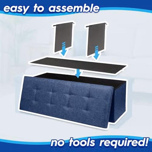 Harbour Housewares Foldable Storage Ottoman Bench in Blue Fabric, W/D/H: 111 x 39 x 36 cm – 4