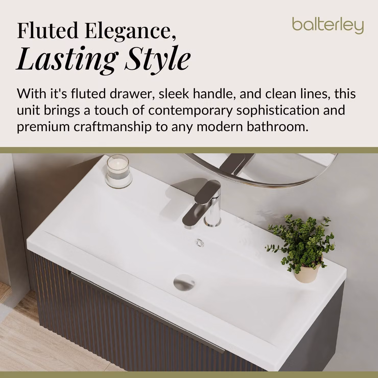 Balterley Fluted Wall Hung 1 Drawer Vanity Basin Unit and Basin, Dark Grey, Width: 80 cm – 3