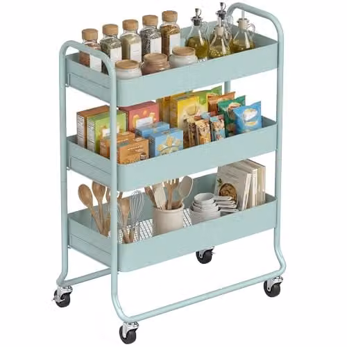 HOMCOM 3-Tier Metal Storage Trolley with Mesh Baskets and Wheels, Green, W: 34.0 cm, D: 64.5 cm, H: 87.0 cm
