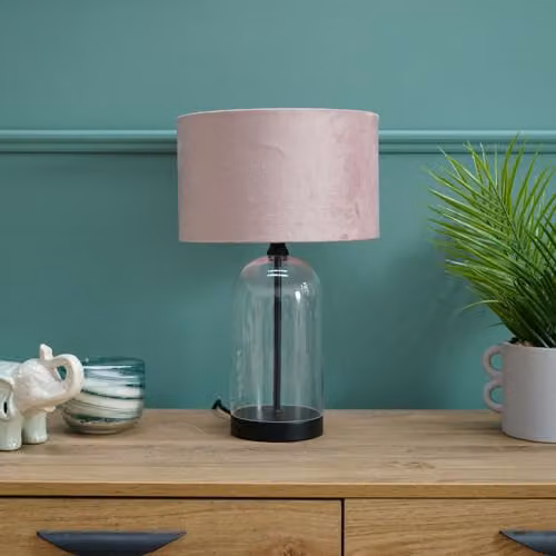 ValueLights Glass and Black Metal Bedside Table Lamp with Pink Velvet Lampshade and Warm White LED Bulb – 2