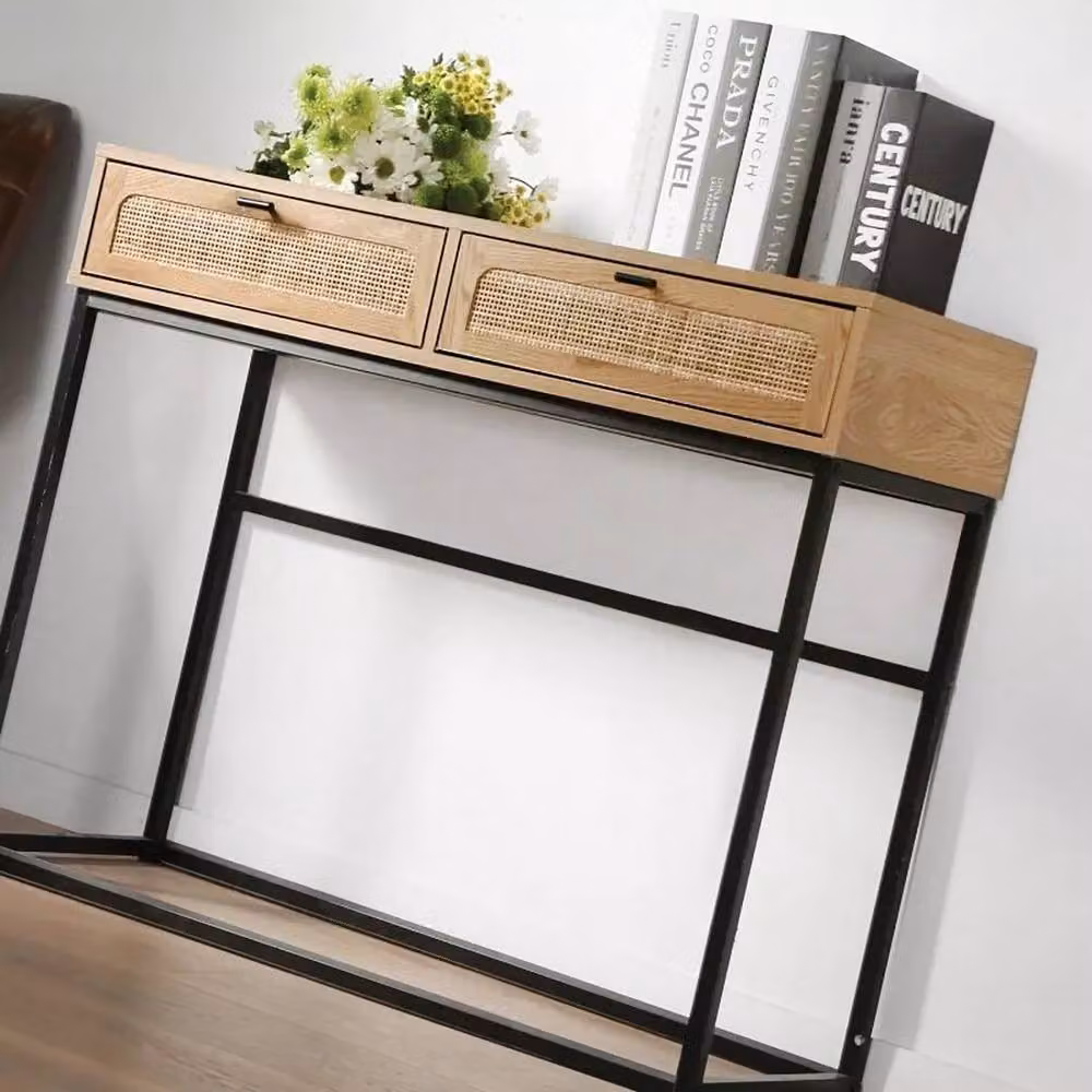 CALICOSY Jaya 2-Drawer Rattan Cane Console Table in Light Brown, W: 100 cm, D: 35 cm, H: 80 cm – 3