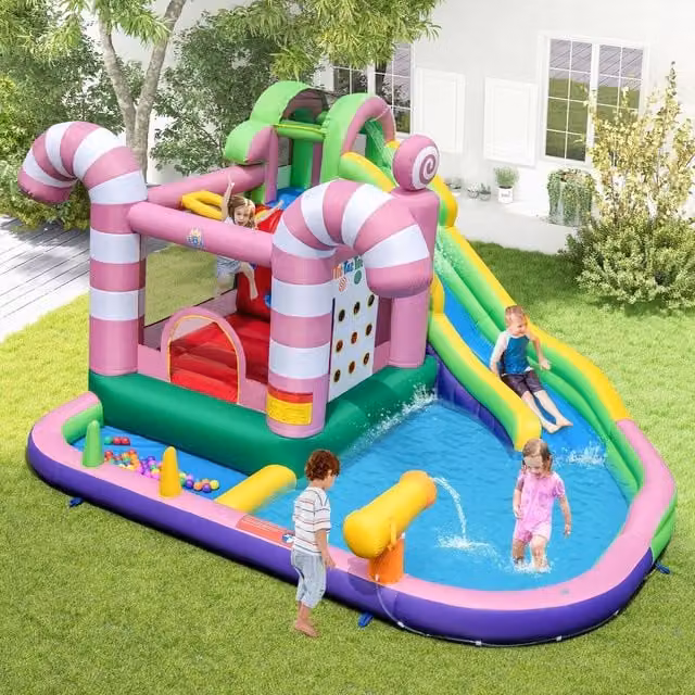 COSTWAY 9-in-1 Inflatable Bounce House with Slide and Play Tower in Blue and Multicolour