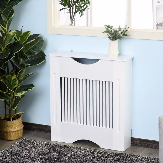 HOMCOM White Slatted Radiator Cover Heater Cabinet with Lacquered MDF Worktop