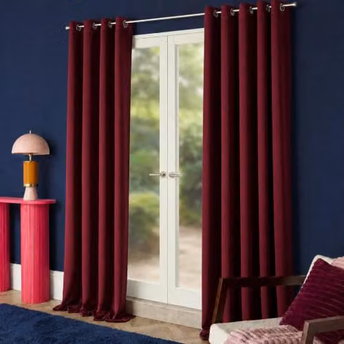 OHS Pair of Thermal Velvet Blackout Eyelet Curtains in Red and Beige, Width: 168 cm, Height: 182 cm – 1