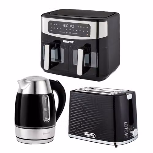 Geepas Kitchen Combo Set in Black: 1.7L Illuminating Electric Kettle, 2 Slice Bread Toaster and 9L Dual Zone Air Fryer – 4