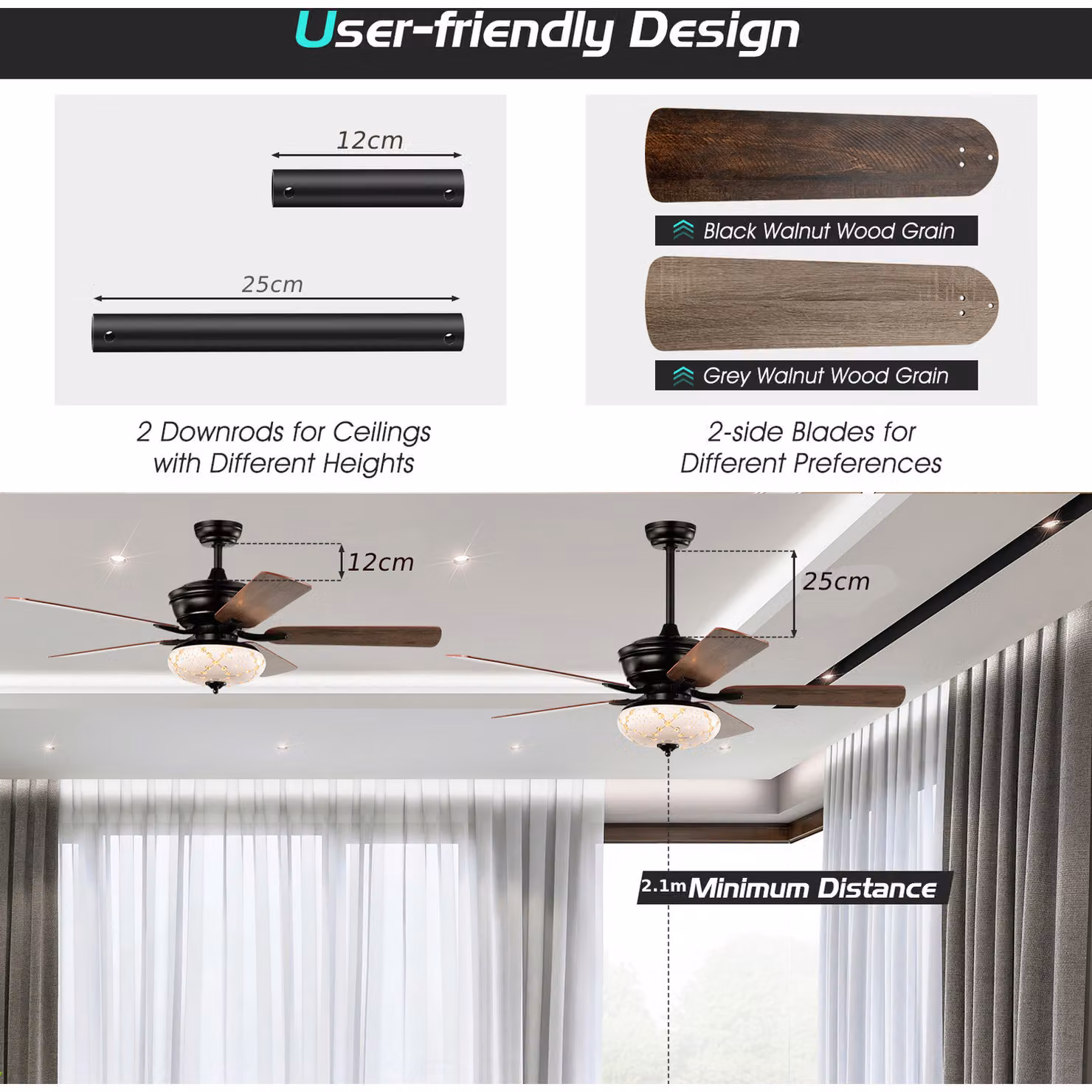 COSTWAY Retro Reversible Ceiling Fan with Remote Control and Timer in Black – 2