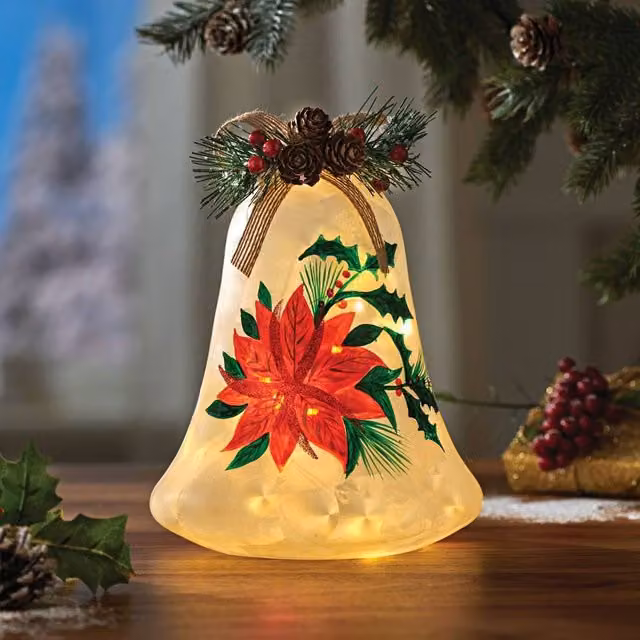 Eldo Hand-Painted Glass LED Christmas Bell Centrepiece in Yellow and White with Floral Design