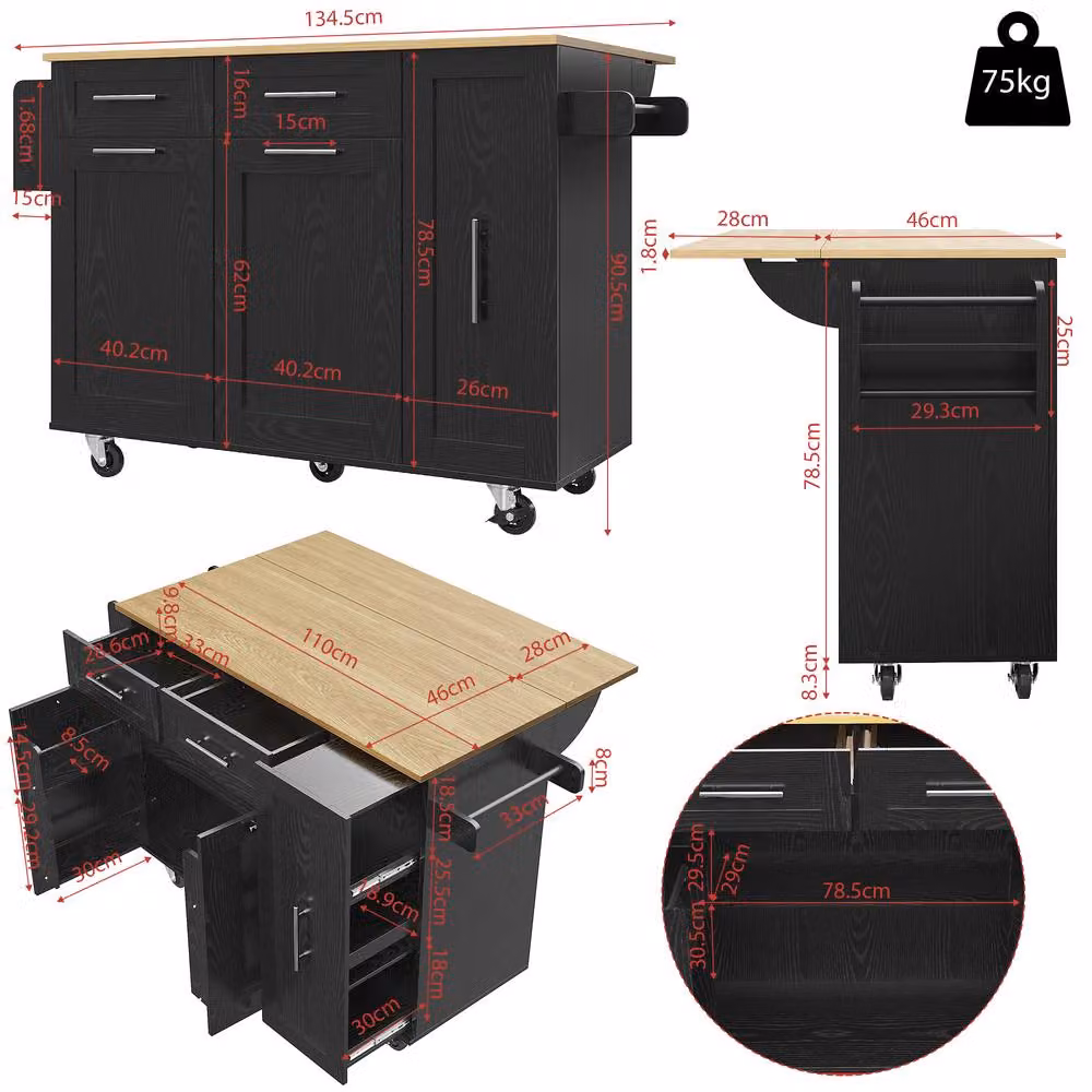 Rolipo Black Kitchen Island Trolley with Folding Dining Table and Storage – 3