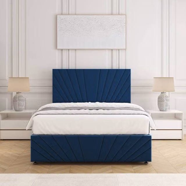 BSSPOKE Rose Super King Divan Bed with 24 inch Plush Headboard, Footboard and Mattress in Blue Velvet Fabric, W/D/H: 200 x 200 cm