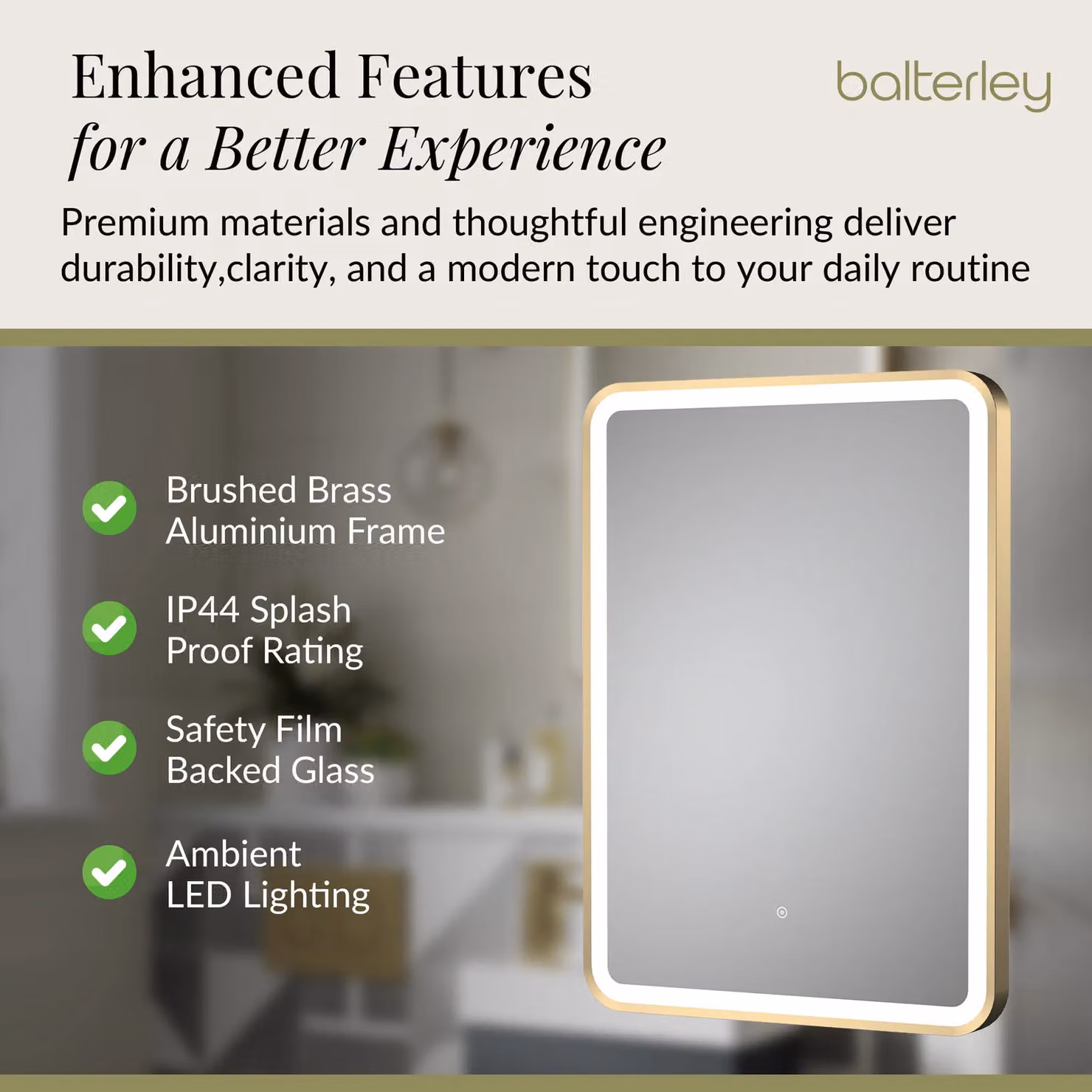 Balterley Rectangular Framed LED Mirror with Demister in Brushed Brass, W: 70 cm, H: 50 cm – 2
