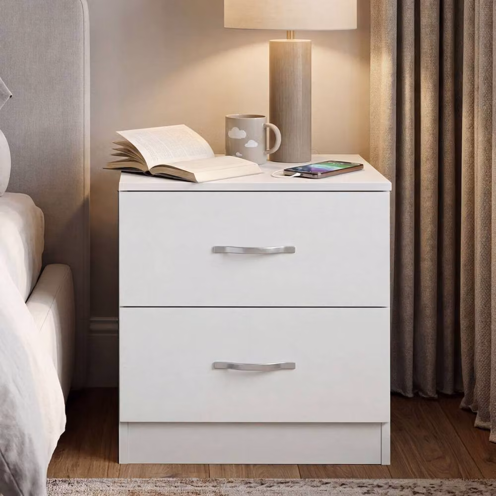 Levede White Modern Bedside Table with 2 Drawers and Metal Handles – 2