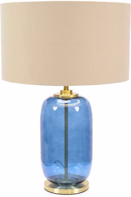 ValueLights Leigh Table Lamp with Beige Fabric Shade, Gold Brass Base and Navy Blue Glass