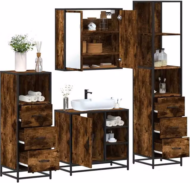 Berkfield Home 4-Piece Industrial Bathroom Furniture Set in Smoked Oak and Brown