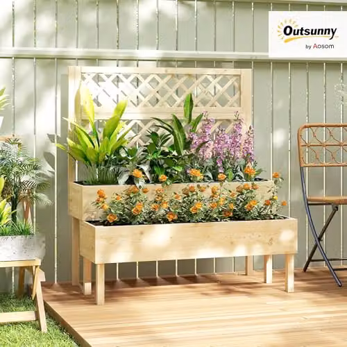 Outsunny 2-Tier Wooden Raised Garden Bed Planter with Trellis, Brown, H x W x D: 120 x 108 x 62 cm – 2