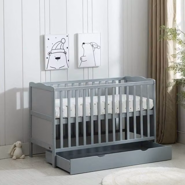 FLAVORA Grey Solid Wood Baby Cot Bed with Drawers and Aloe Vera Mattress