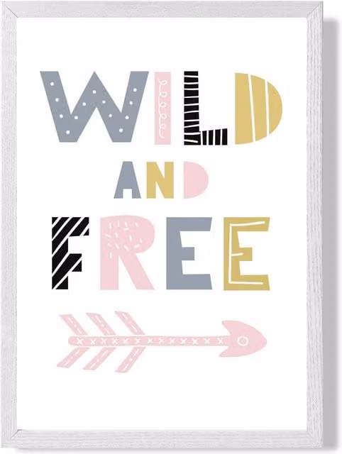 ARTZE Wild & Free Pink Scandi Quote Framed Paper Poster with White Frame – 1